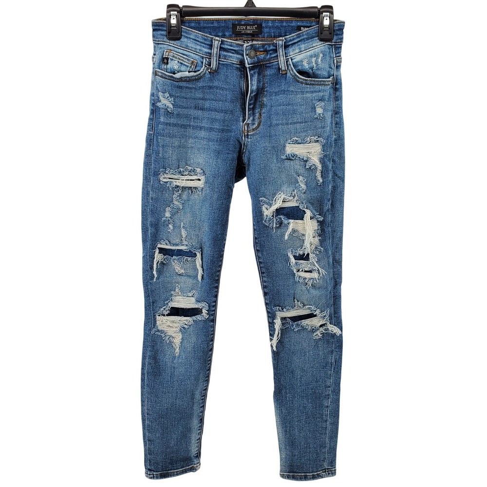 Judy Blue Jeans Womens 3‎ / 26 Slim Fit Distressed Patched JB82137MD Pre-Owned
